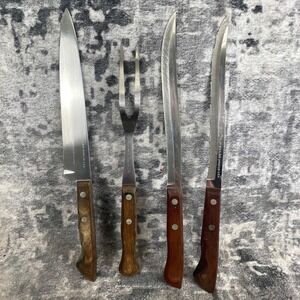 Vtg EKCO Flint Vanadium 8" Serrated  Slicer Chef Knife Carving Fork Wood Handles